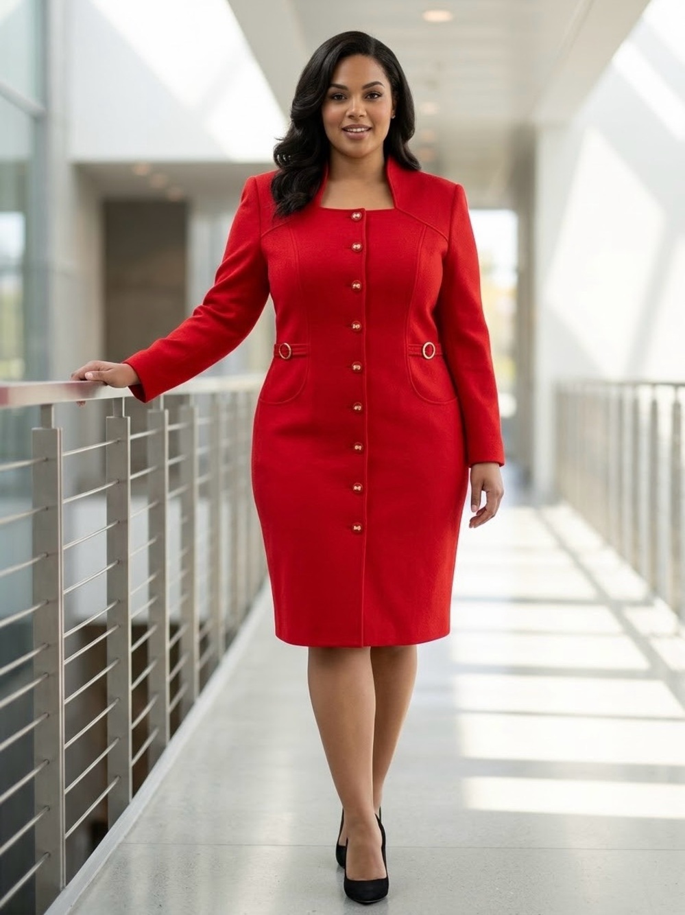VINTAGE 80’S Lauren Taylor Red 100% Wool Button-Front Sheath Dress Size 16
